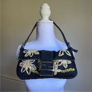 Fendi Denim Raffia Baguette Bag